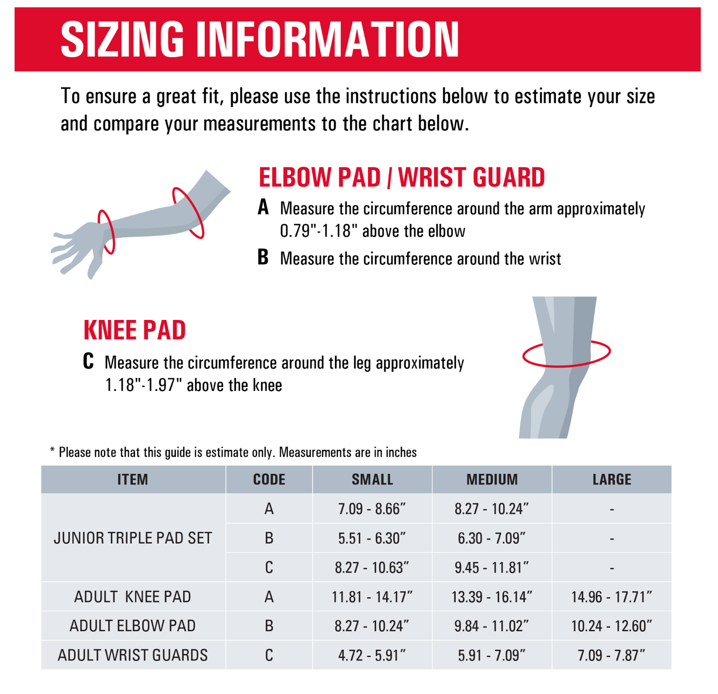 Bont Knee Pads size chart